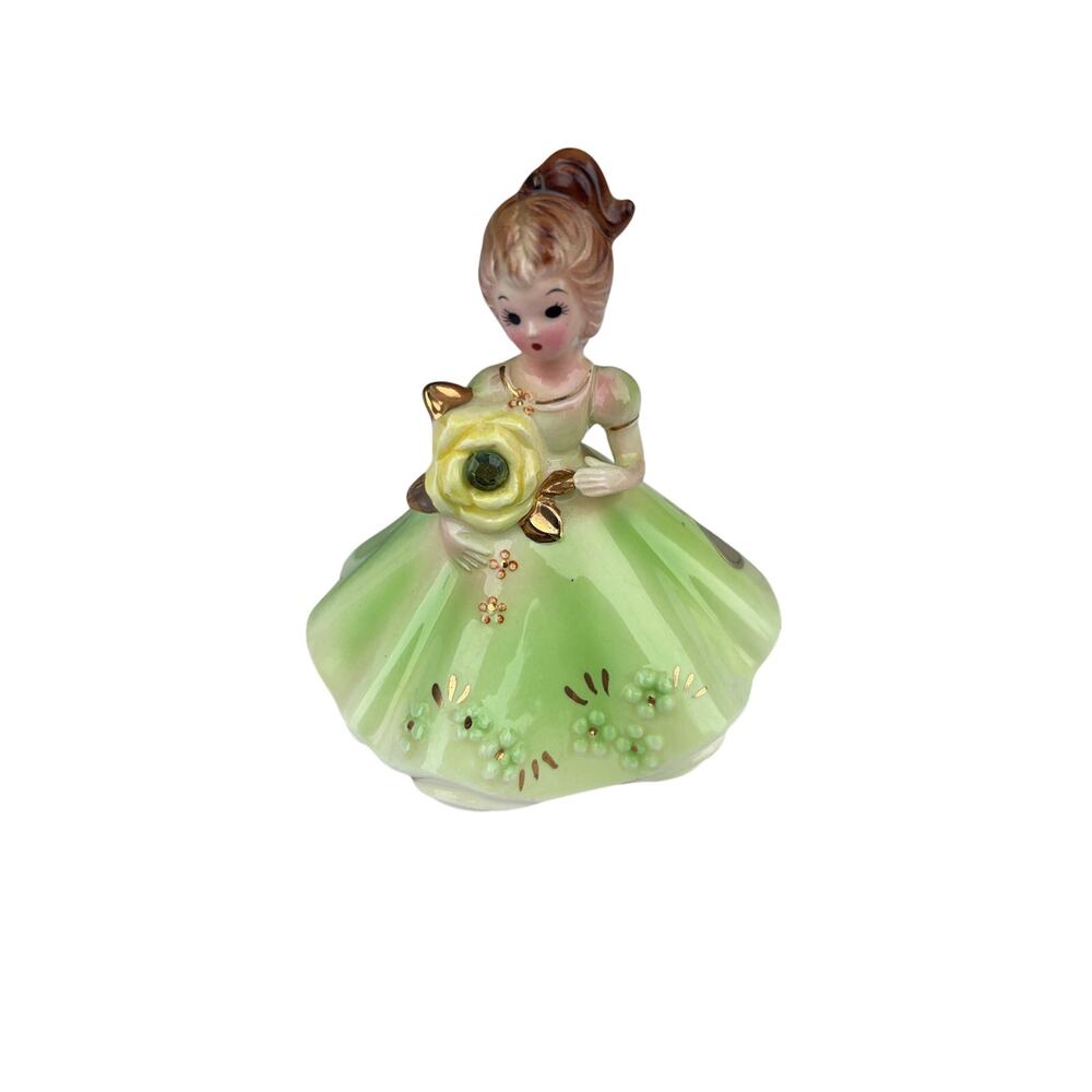 Vntg Josef Originals Ceramic August Birthstone Girl w/Yellow Flower Figurine